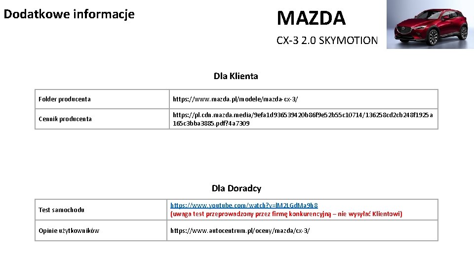 MAZDA Dodatkowe informacje CX-3 2. 0 SKYMOTION Dla Klienta Folder producenta https: //www. mazda.