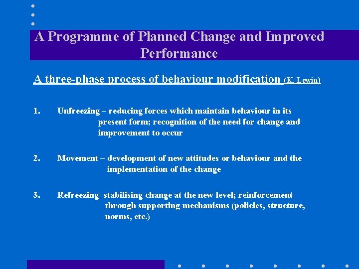 A Programme of Planned Change and Improved Performance A three-phase process of behaviour modification