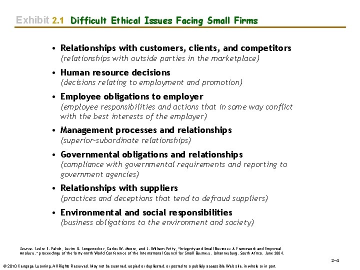 Exhibit 2. 1 Difficult Ethical Issues Facing Small Firms • Relationships with customers, clients,