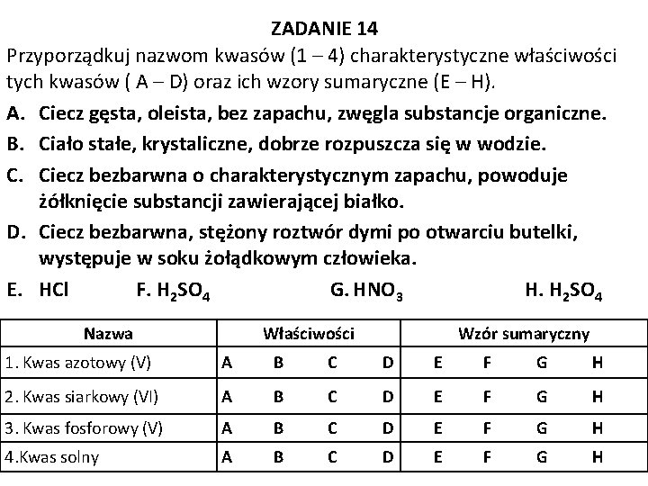 ZADANIE 14 Przyporządkuj nazwom kwasów (1 – 4) charakterystyczne właściwości tych kwasów ( A