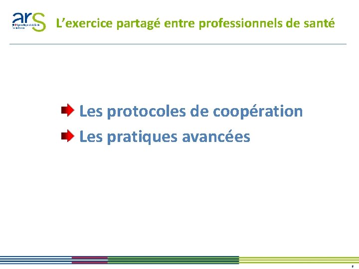 L’exercice partagé entre professionnels de santé Les protocoles de coopération Les pratiques avancées 6