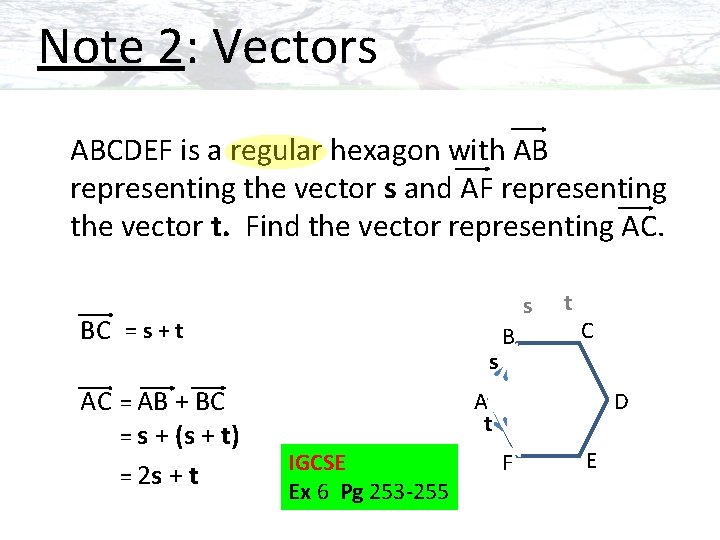 Note 2: Vectors ABCDEF is a regular hexagon with AB representing the vector s