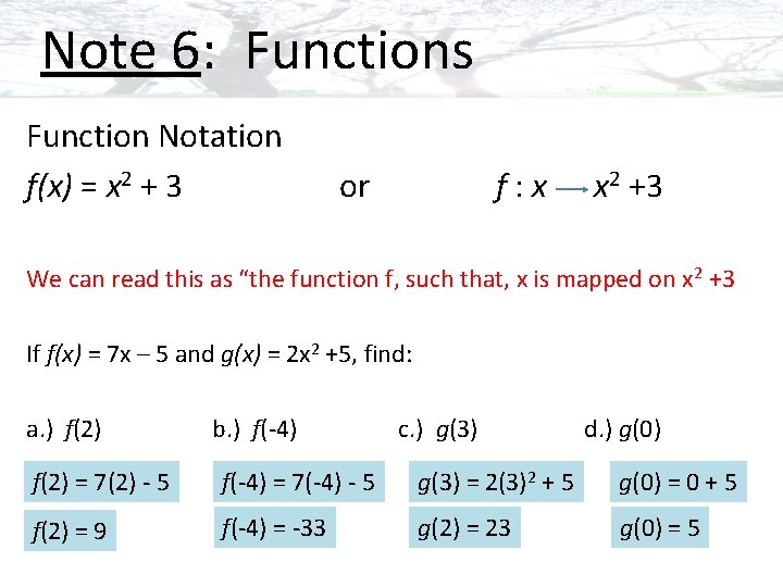 Note 6: Functions Function Notation f(x) = x 2 + 3 or f: x