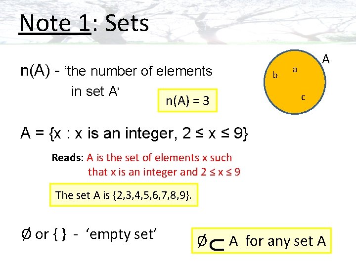 Note 1: Sets n(A) - ’the number of elements in set A’ b A
