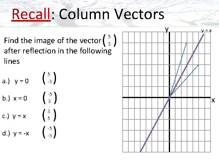 Recall: Column Vectors ( ) 5 3 y y=x Find the image of the