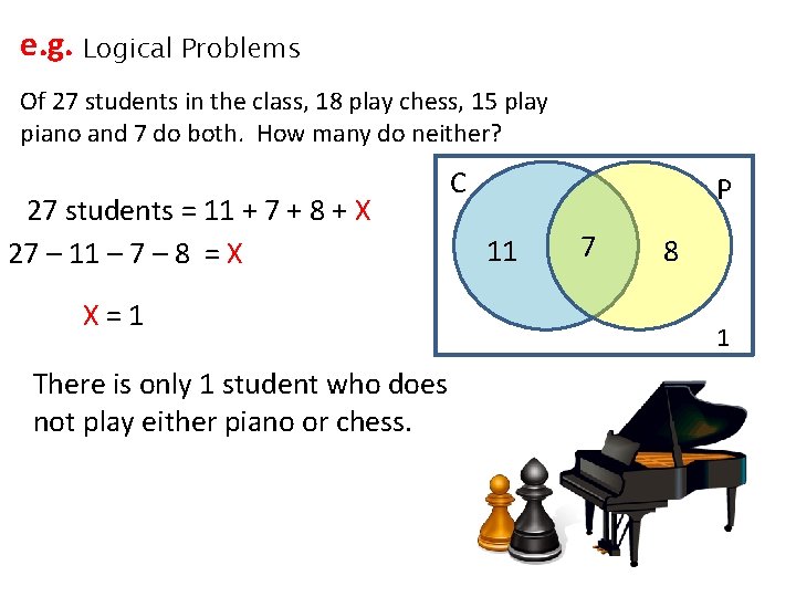 e. g. Logical Problems Of 27 students in the class, 18 play chess, 15
