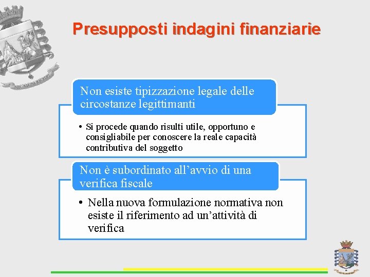 Presupposti indagini finanziarie Non esiste tipizzazione legale delle circostanze legittimanti • Si procede quando