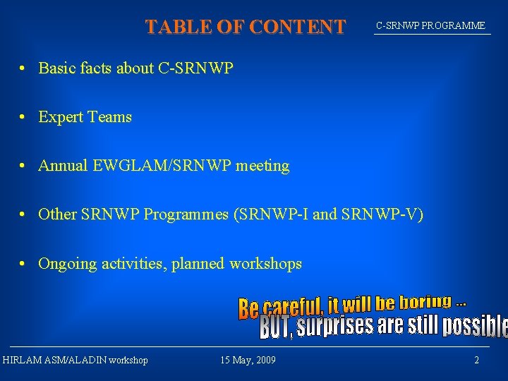 TABLE OF CONTENT C-SRNWP PROGRAMME • Basic facts about C-SRNWP • Expert Teams •