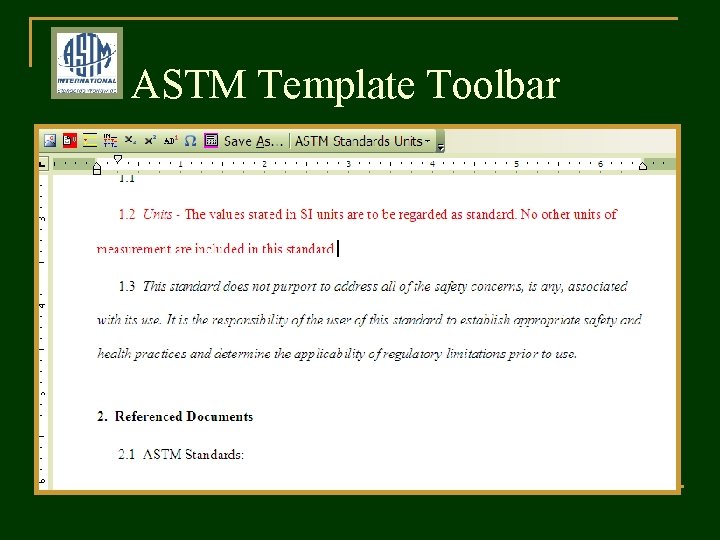 ASTM Template Toolbar 