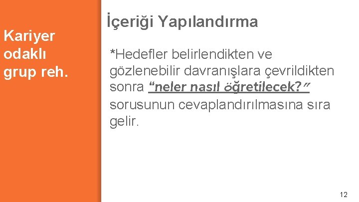 Kariyer odaklı grup reh. İçeriği Yapılandırma *Hedefler belirlendikten ve gözlenebilir davranışlara çevrildikten sonra “neler