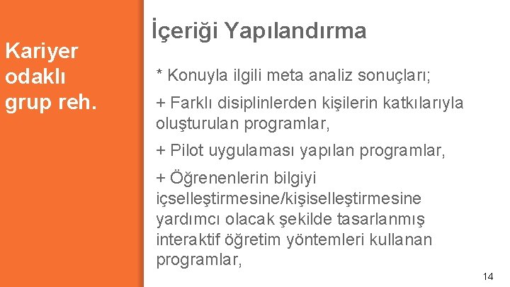 Kariyer odaklı grup reh. İçeriği Yapılandırma * Konuyla ilgili meta analiz sonuçları; + Farklı