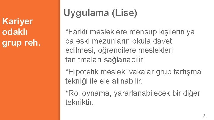 Kariyer odaklı grup reh. Uygulama (Lise) *Farklı mesleklere mensup kişilerin ya da eski mezunların