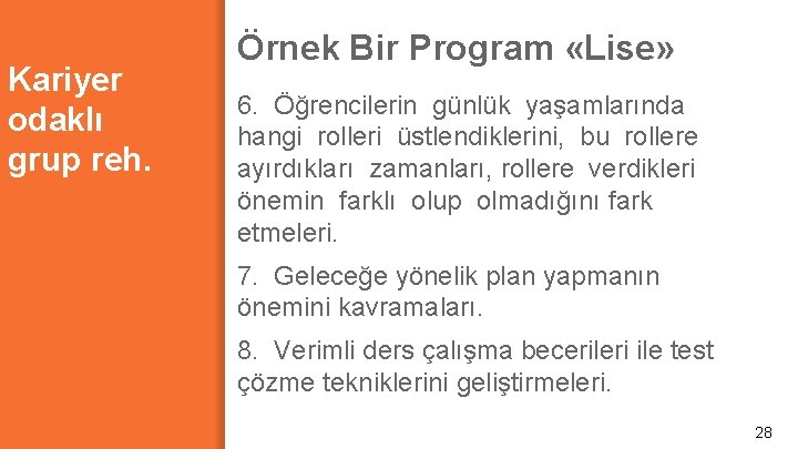 Kariyer odaklı grup reh. Örnek Bir Program «Lise» 6. Öğrencilerin günlük yaşamlarında hangi rolleri