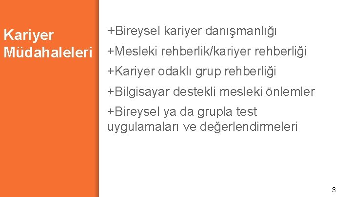 +Bireysel kariyer danışmanlığı Kariyer Müdahaleleri +Mesleki rehberlik/kariyer rehberliği +Kariyer odaklı grup rehberliği +Bilgisayar destekli