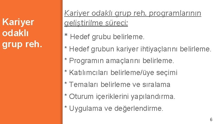 Kariyer odaklı grup reh. programlarının geliştirilme süreci: * Hedef grubu belirleme. * Hedef grubun