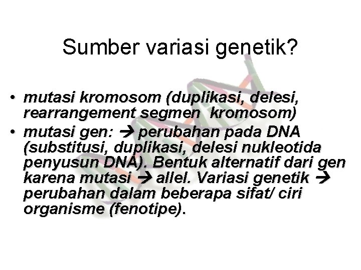 Sumber variasi genetik? • mutasi kromosom (duplikasi, delesi, rearrangement segmen kromosom) • mutasi gen: