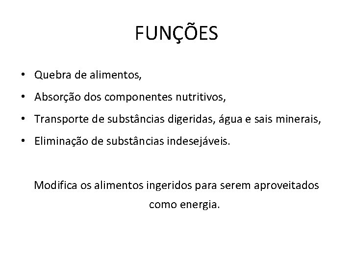 FUNÇÕES • Quebra de alimentos, • Absorção dos componentes nutritivos, • Transporte de substâncias