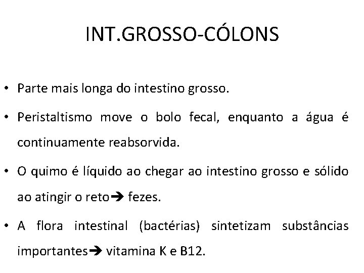 INT. GROSSO-CÓLONS • Parte mais longa do intestino grosso. • Peristaltismo move o bolo