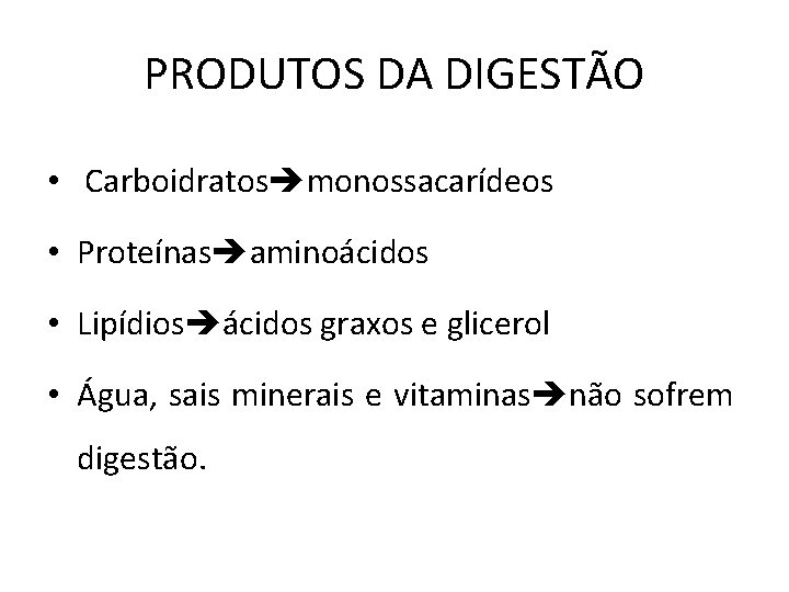 PRODUTOS DA DIGESTÃO • Carboidratos monossacarídeos • Proteínas aminoácidos • Lipídios ácidos graxos e