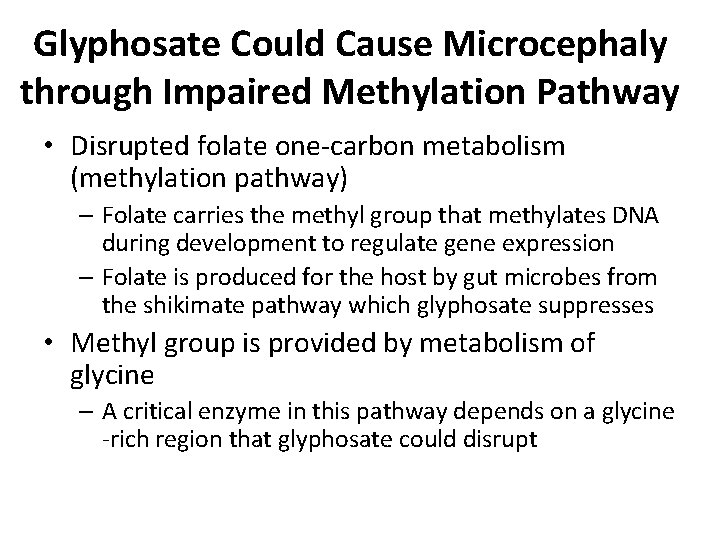 Glyphosate Could Cause Microcephaly through Impaired Methylation Pathway • Disrupted folate one-carbon metabolism (methylation