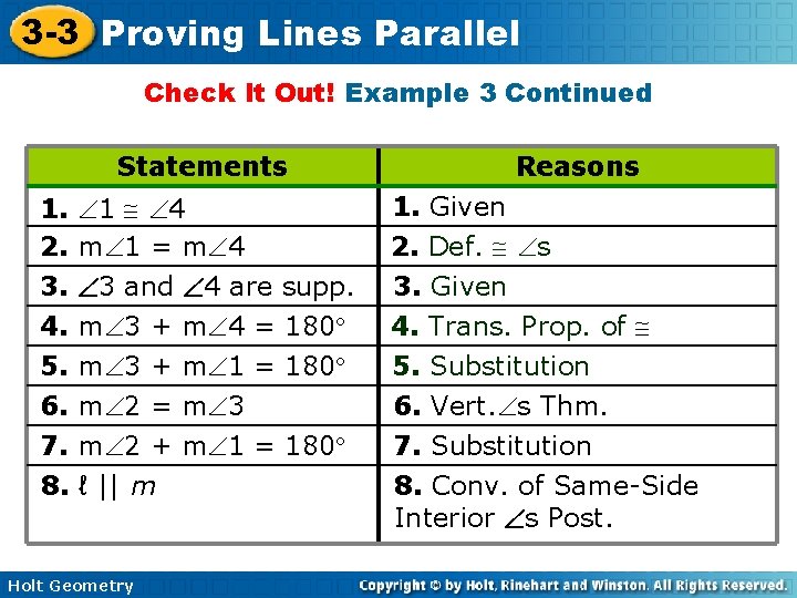3 -3 Proving Lines Parallel Check It Out! Example 3 Continued Statements Reasons 1.