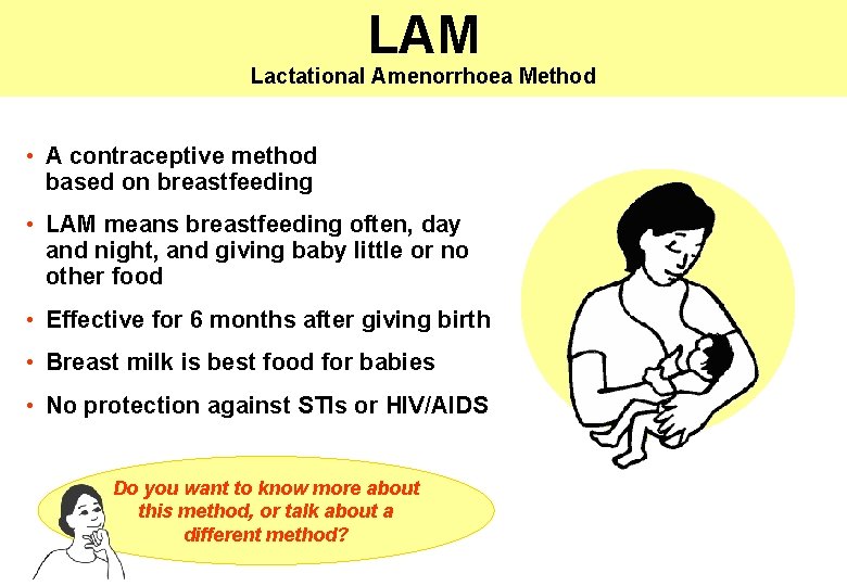 LAM Lactational Amenorrhoea Method • A contraceptive method based on breastfeeding • LAM means