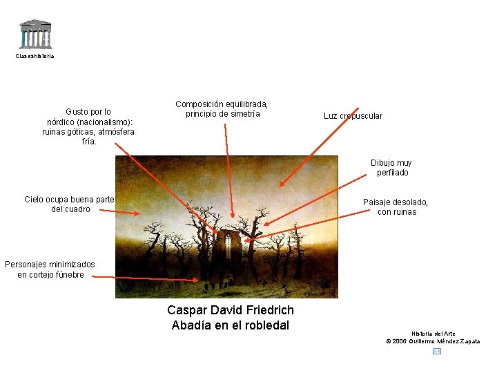 Claseshistoria Gusto por lo nórdico (nacionalismo): ruinas góticas, atmósfera fría. Composición equilibrada, principio de