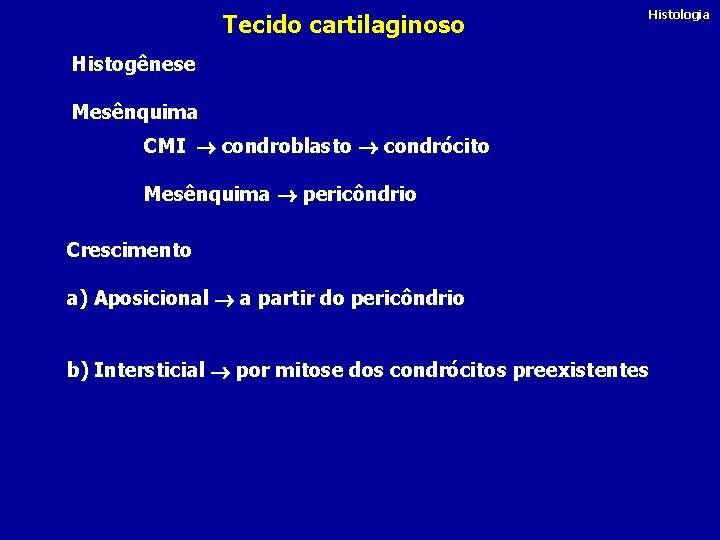Tecido cartilaginoso Histologia Histogênese Mesênquima CMI condroblasto condrócito Mesênquima pericôndrio Crescimento a) Aposicional a