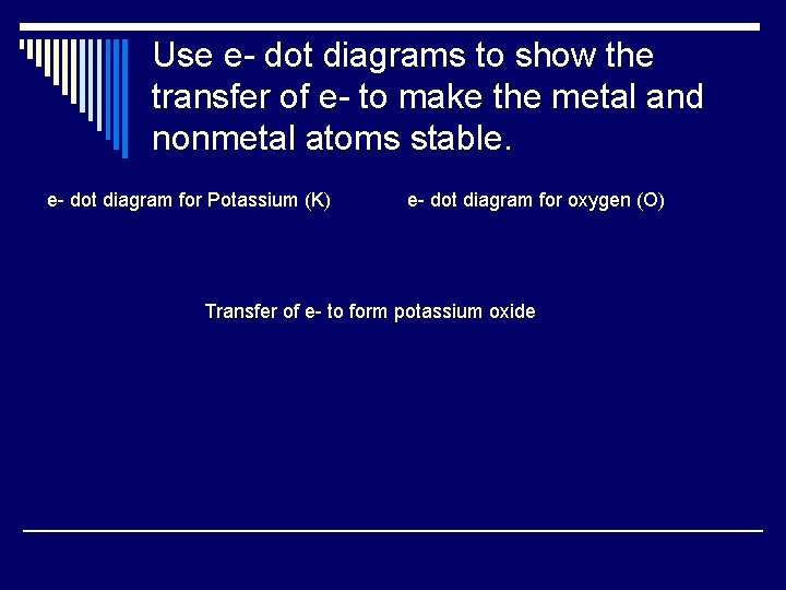 Use e- dot diagrams to show the transfer of e- to make the metal