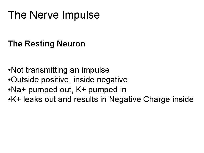 The Nerve Impulse The Resting Neuron • Not transmitting an impulse • Outside positive,