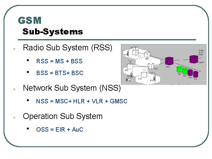 GSM Sub-Systems l Radio Sub System (RSS) • • l BSS = BTS+ BSC