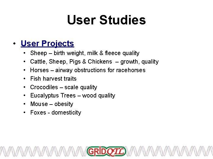 User Studies • User Projects • • Sheep – birth weight, milk & fleece