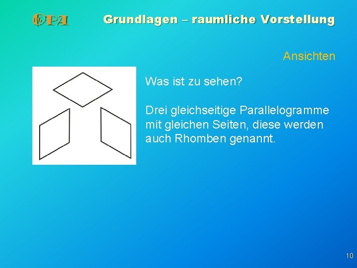 Grundlagen – raumliche Vorstellung Ansichten Was ist zu sehen? Drei gleichseitige Parallelogramme mit gleichen Grundlagen – raumliche Vorstellung Ansichten Was ist zu sehen? Drei gleichseitige Parallelogramme mit gleichen