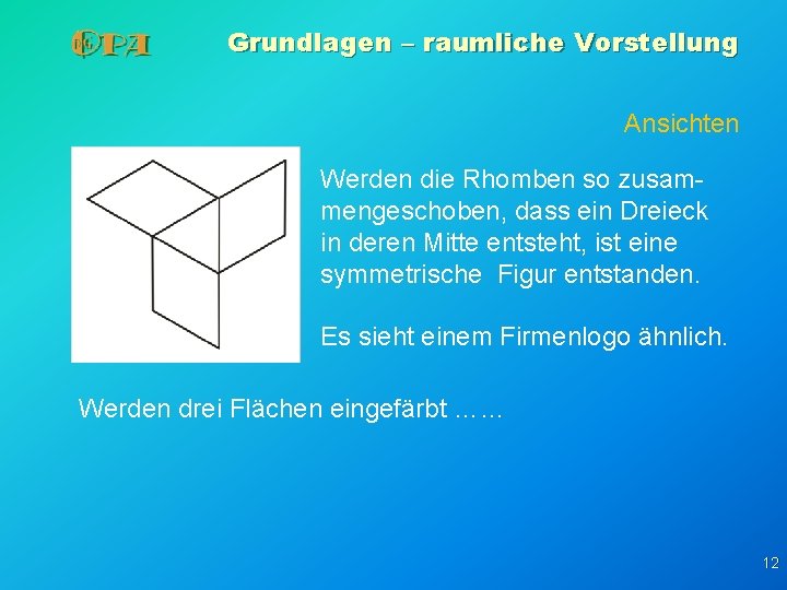 Grundlagen – raumliche Vorstellung Ansichten Werden die Rhomben so zusammengeschoben, dass ein Dreieck in Grundlagen – raumliche Vorstellung Ansichten Werden die Rhomben so zusammengeschoben, dass ein Dreieck in