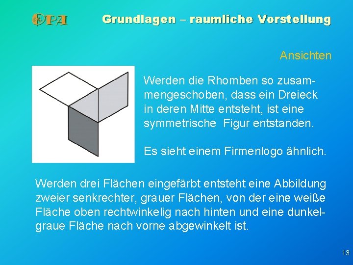 Grundlagen – raumliche Vorstellung Ansichten Werden die Rhomben so zusammengeschoben, dass ein Dreieck in Grundlagen – raumliche Vorstellung Ansichten Werden die Rhomben so zusammengeschoben, dass ein Dreieck in