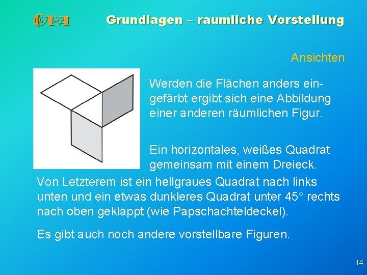 Grundlagen – raumliche Vorstellung Ansichten Werden die Flächen anders eingefärbt ergibt sich eine Abbildung Grundlagen – raumliche Vorstellung Ansichten Werden die Flächen anders eingefärbt ergibt sich eine Abbildung