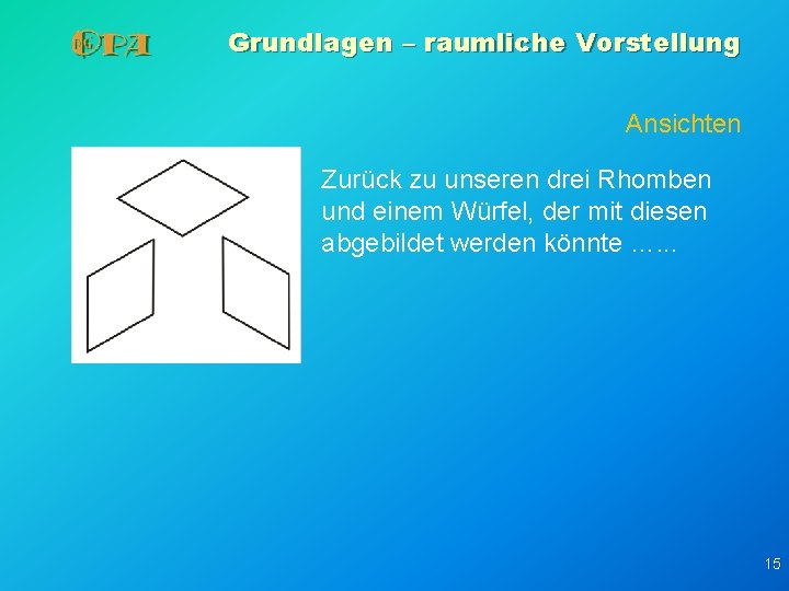 Grundlagen – raumliche Vorstellung Ansichten Zurück zu unseren drei Rhomben und einem Würfel, der Grundlagen – raumliche Vorstellung Ansichten Zurück zu unseren drei Rhomben und einem Würfel, der