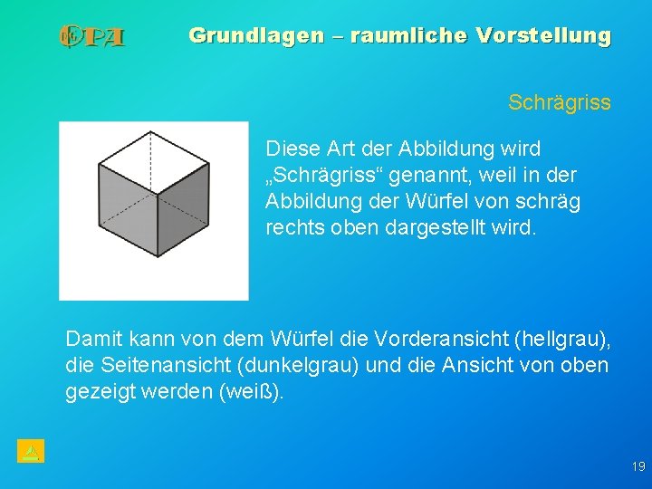 Grundlagen – raumliche Vorstellung Schrägriss Diese Art der Abbildung wird „Schrägriss“ genannt, weil in Grundlagen – raumliche Vorstellung Schrägriss Diese Art der Abbildung wird „Schrägriss“ genannt, weil in