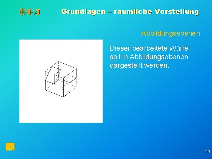 Grundlagen – raumliche Vorstellung Abbildungsebenen Dieser bearbeitete Würfel soll in Abbildungsebenen dargestellt werden. 25 Grundlagen – raumliche Vorstellung Abbildungsebenen Dieser bearbeitete Würfel soll in Abbildungsebenen dargestellt werden. 25