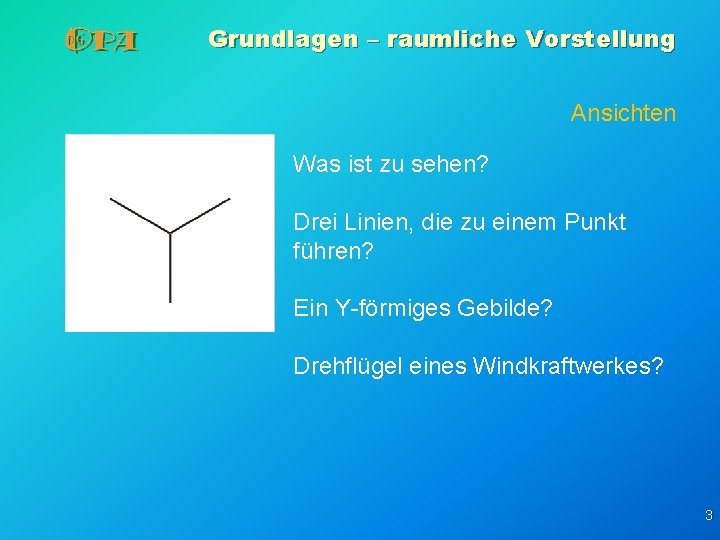Grundlagen – raumliche Vorstellung Ansichten Was ist zu sehen? Drei Linien, die zu einem Grundlagen – raumliche Vorstellung Ansichten Was ist zu sehen? Drei Linien, die zu einem