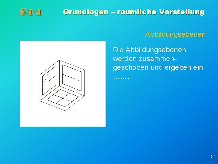 Grundlagen – raumliche Vorstellung Abbildungsebenen Die Abbildungsebenen werden zusammengeschoben und ergeben ein ……. 31 Grundlagen – raumliche Vorstellung Abbildungsebenen Die Abbildungsebenen werden zusammengeschoben und ergeben ein ……. 31