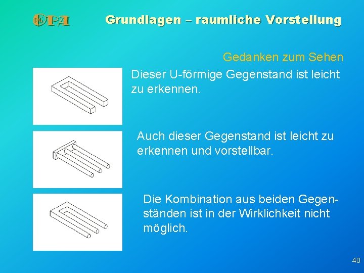 Grundlagen – raumliche Vorstellung Gedanken zum Sehen Dieser U-förmige Gegenstand ist leicht zu erkennen. Grundlagen – raumliche Vorstellung Gedanken zum Sehen Dieser U-förmige Gegenstand ist leicht zu erkennen.