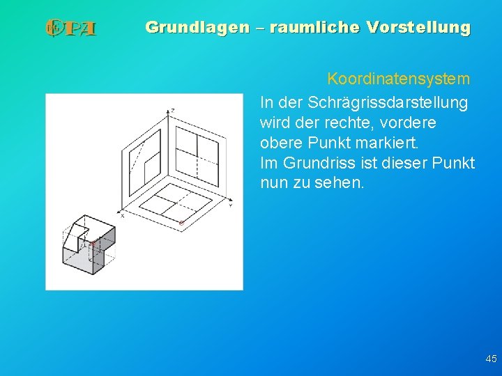 Grundlagen – raumliche Vorstellung Koordinatensystem In der Schrägrissdarstellung wird der rechte, vordere obere Punkt Grundlagen – raumliche Vorstellung Koordinatensystem In der Schrägrissdarstellung wird der rechte, vordere obere Punkt