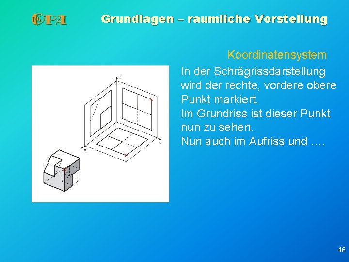 Grundlagen – raumliche Vorstellung Koordinatensystem In der Schrägrissdarstellung wird der rechte, vordere obere Punkt Grundlagen – raumliche Vorstellung Koordinatensystem In der Schrägrissdarstellung wird der rechte, vordere obere Punkt