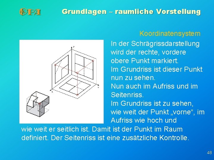 Grundlagen – raumliche Vorstellung Koordinatensystem In der Schrägrissdarstellung wird der rechte, vordere obere Punkt Grundlagen – raumliche Vorstellung Koordinatensystem In der Schrägrissdarstellung wird der rechte, vordere obere Punkt