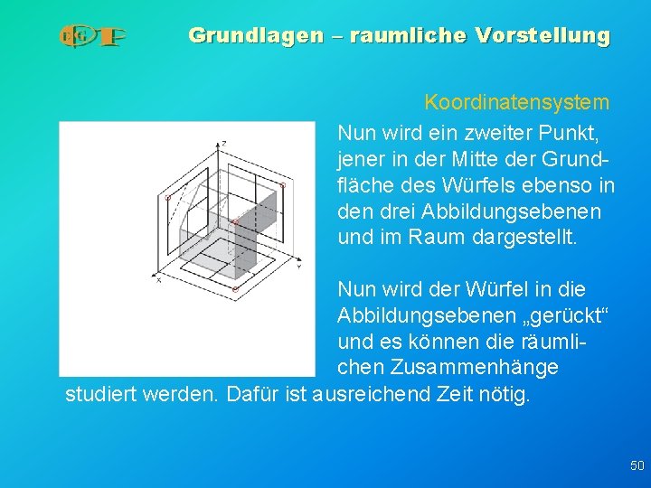 Grundlagen – raumliche Vorstellung Koordinatensystem Nun wird ein zweiter Punkt, jener in der Mitte Grundlagen – raumliche Vorstellung Koordinatensystem Nun wird ein zweiter Punkt, jener in der Mitte