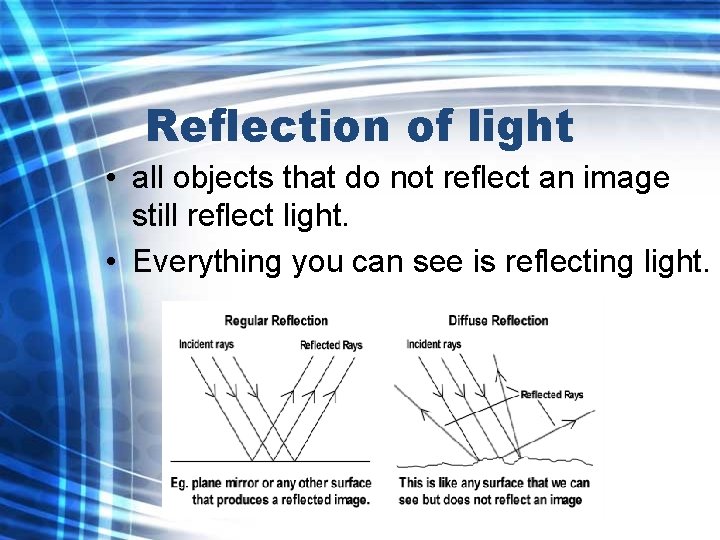 Reflection of light • all objects that do not reflect an image still reflect