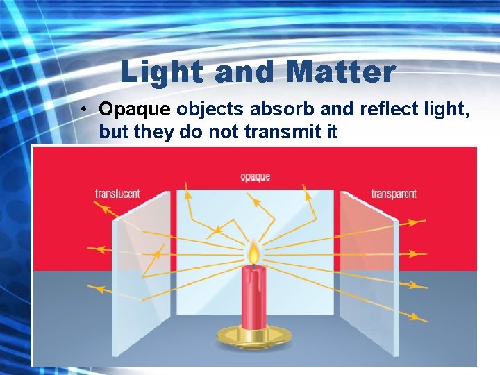 Light and Matter • Opaque objects absorb and reflect light, but they do not