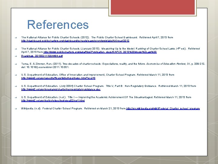 References The National Alliance for Public Charter Schools. (2012). The Public Charter School Dashboard.