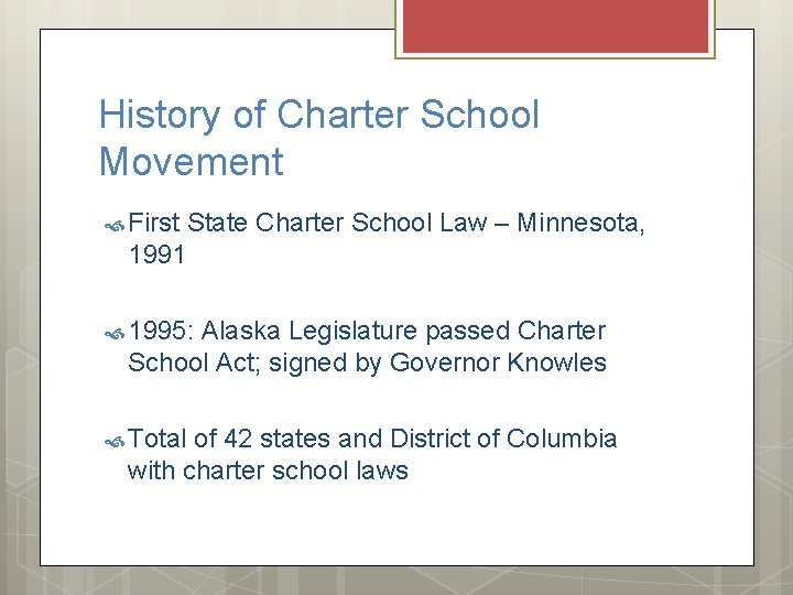 History of Charter School Movement First State Charter School Law – Minnesota, 1991 1995: